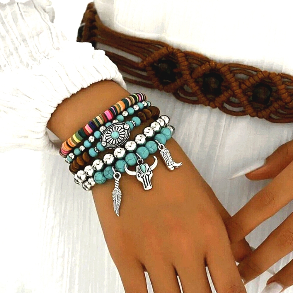 5 Bracelet Set Silver Blue Turquoise Stone Jewelry Rodeo Outfit Hippie Festival - Picture 4 of 8